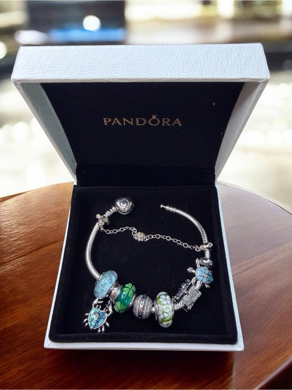 Pandora Silver Charm Bracelet with Blue & Green Accents